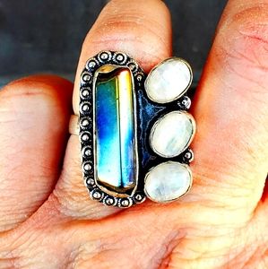 New Rainbow Moonstone & Hematite 925 Silver Ring.